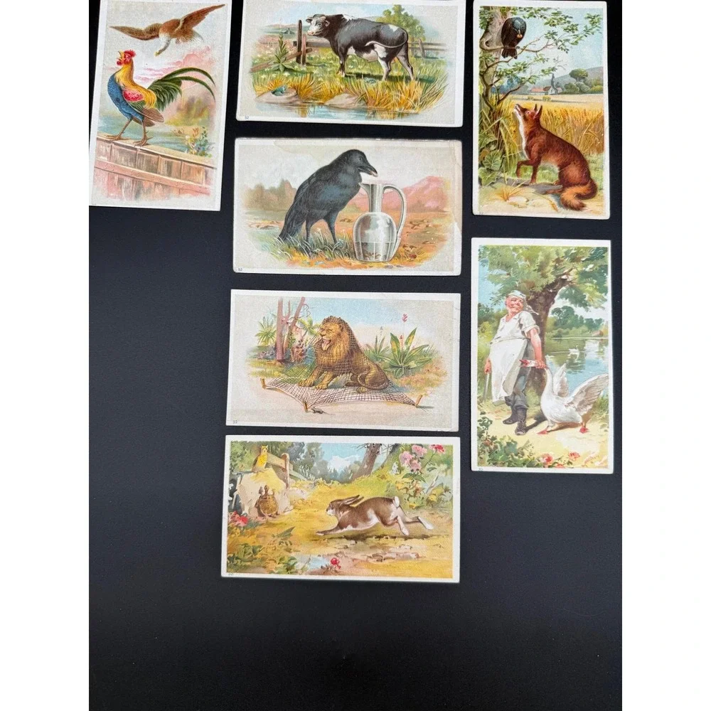 Antique Aesop's Fables Trade Cards Lot of 7 Illustrated Animal Story Collectible